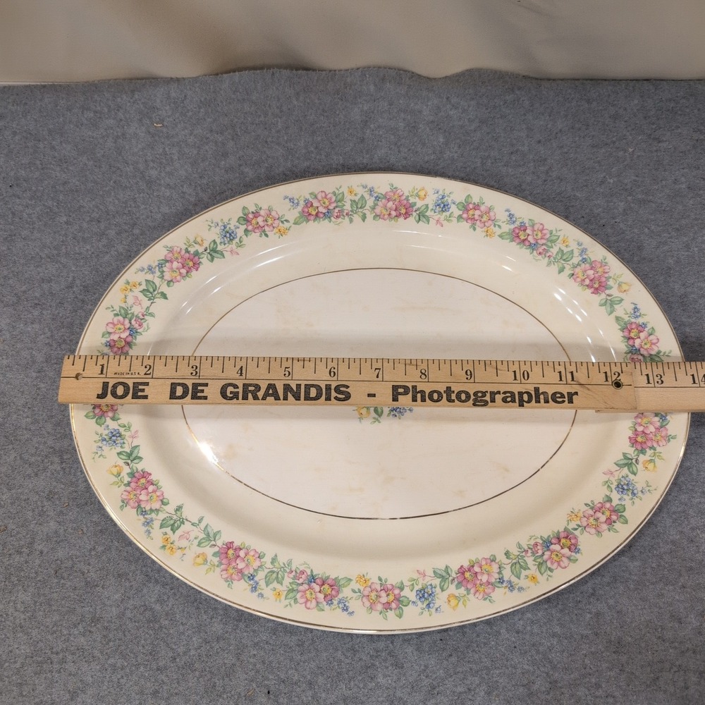 The Harker Pottery Co Vintage Floral Oval Serving Platter Gold Trim Made in USA - Picture 5 of 8